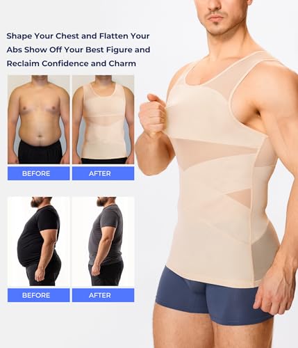 TAILONG Men's Compression Shirt for Body Shaper Slimming Vest Tight Tummy Underwear Tank Top Beige - Image 3