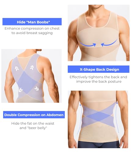 TAILONG Men's Compression Shirt for Body Shaper Slimming Vest Tight Tummy Underwear Tank Top Beige - Image 2