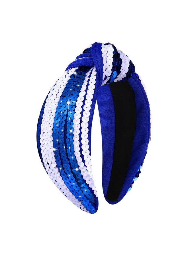 سيالكسهيني عصابة شعر، عصابة رأس يوم المباراة، عصابة رأس كرة قدم، عصابة رأس بيضاء زرقاء مرصعة بالترتر للنساء، إكسسوارات يوم المباراة باللون الأزرق (أزرق أبيض، كبير) - Image 2