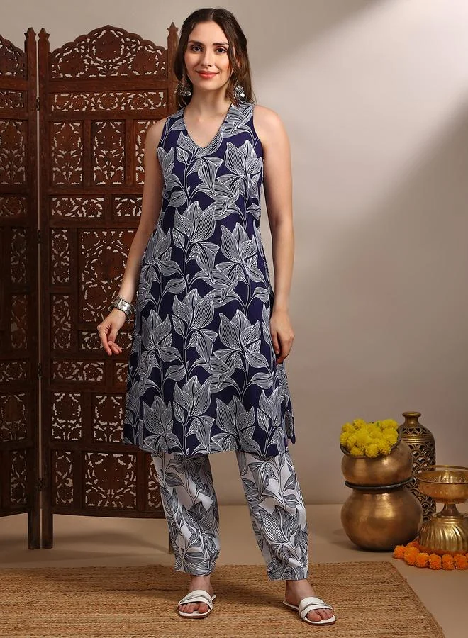 Globus  Women Blue V-Neck Sleeveless Abstract Print Kurta with Pants Set for Women | Best Price UAE