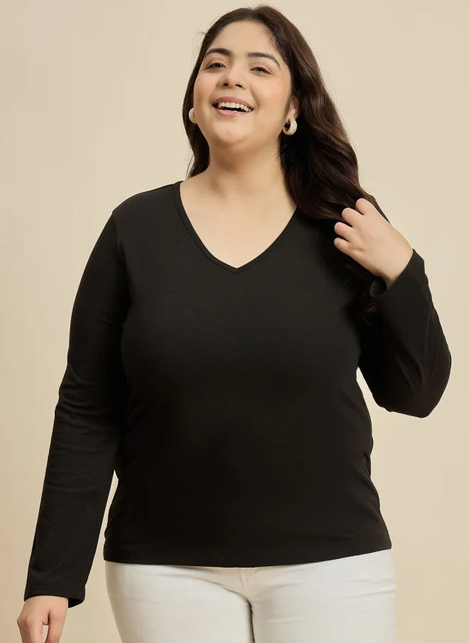 CURVY STREET Black V-Neck Cotton T-Shirt for Women