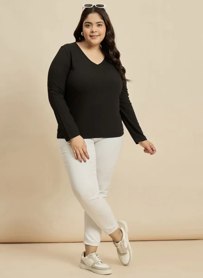 CURVY STREET Black V-Neck Cotton T-Shirt for Women