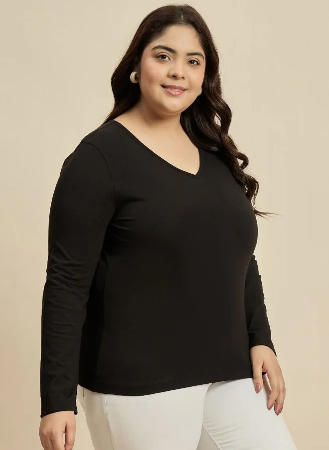 CURVY STREET Black V-Neck Cotton T-Shirt for Women