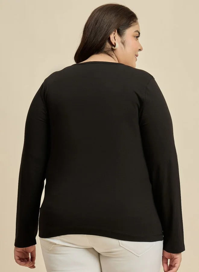 CURVY STREET Black V-Neck Cotton T-Shirt for Women