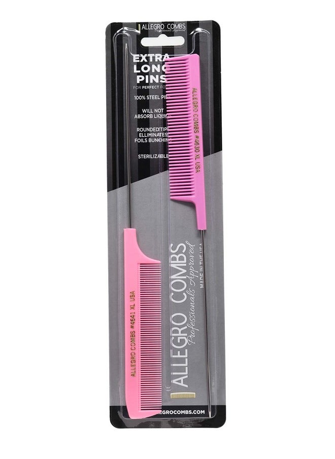Allegro Combs Xl Pintail Rat Tail Combs Parting Combs Metal Tail Foiling Combs Pin Combs 2 Pc. (Pink)  - Image 1