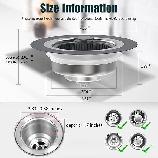 DREWIT STAR Upgraded 3 in 1 Kitchen Sink Drain Strainer - Stainless Steel Pop Up Sink Stopper Combo, Anti-Clogging Sink Food Catcher Basket, Fast Drainage Odor Filter Sink Plug - Image 5