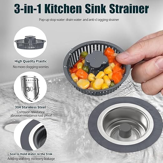 DREWIT STAR Upgraded 3 in 1 Kitchen Sink Drain Strainer - Stainless Steel Pop Up Sink Stopper Combo, Anti-Clogging Sink Food Catcher Basket, Fast Drainage Odor Filter Sink Plug - Image 2