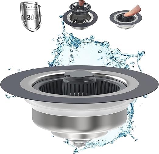 DREWIT STAR Upgraded 3 in 1 Kitchen Sink Drain Strainer - Stainless Steel Pop Up Sink Stopper Combo, Anti-Clogging Sink Food Catcher Basket, Fast Drainage Odor Filter Sink Plug - Image 1