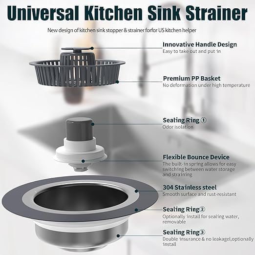DREWIT STAR Upgraded 3 in 1 Kitchen Sink Drain Strainer - Stainless Steel Pop Up Sink Stopper Combo, Anti-Clogging Sink Food Catcher Basket, Fast Drainage Odor Filter Sink Plug - Image 3