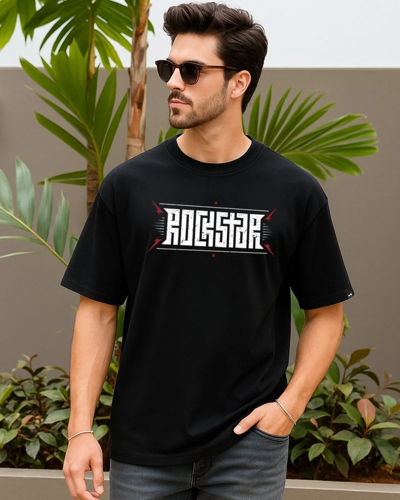 bewakoof Men's Jet Black Rockstar Typography Oversized T-shirt