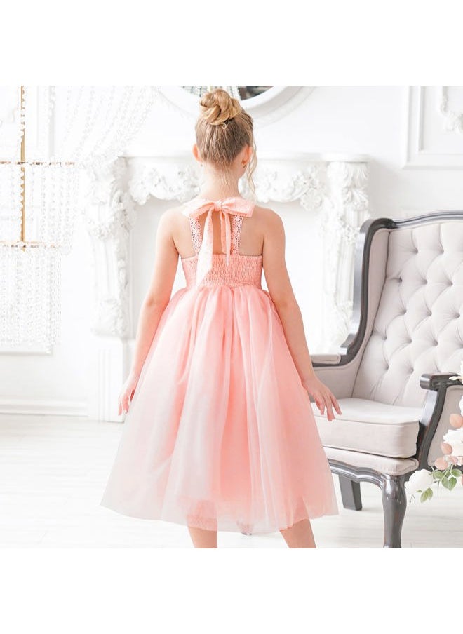 Sunny Fashion - Girls Dress Pink Flower Lace Halter Princess Wedding Bridesmaid Tulle Size 12 - Image 1