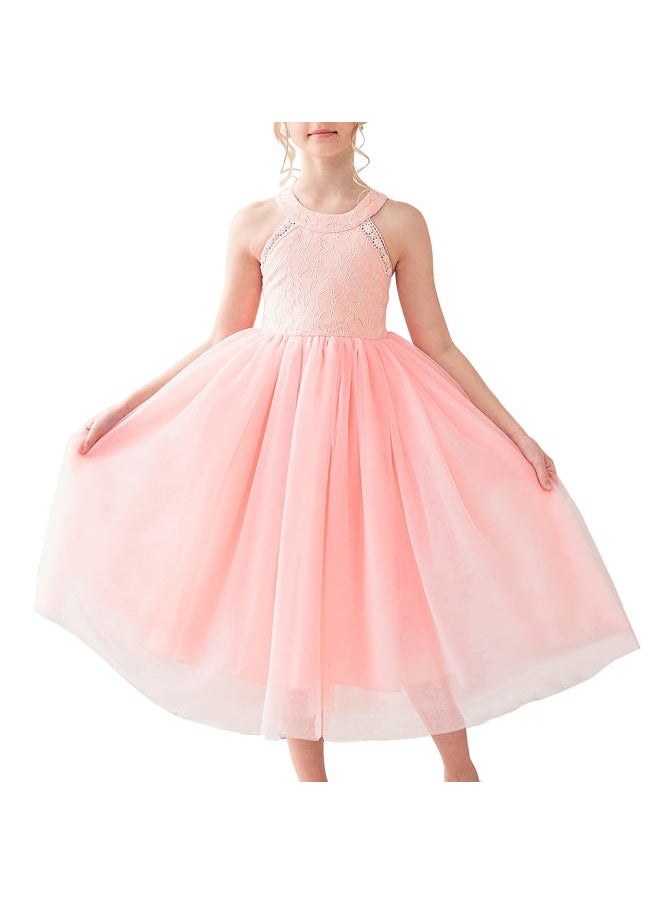 Sunny Fashion - Girls Dress Pink Flower Lace Halter Princess Wedding Bridesmaid Tulle Size 12 - Image 1