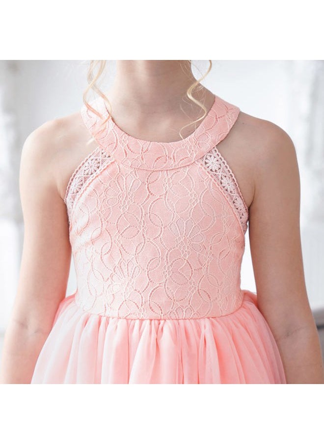 Sunny Fashion - Girls Dress Pink Flower Lace Halter Princess Wedding Bridesmaid Tulle Size 12 - Image 1