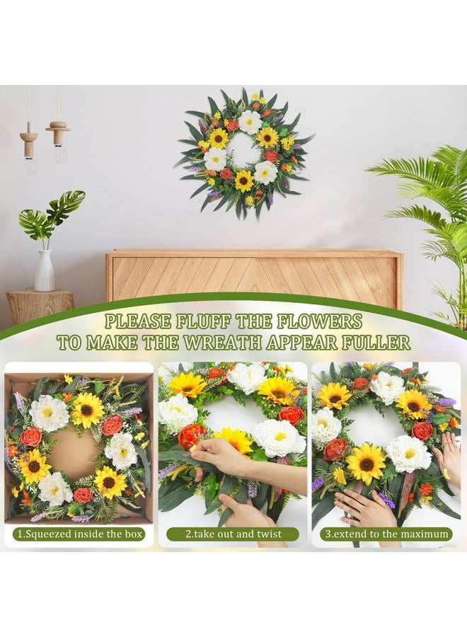 LOKEISNA Spring Wreaths and Summer Wreath, 26'' Sunflower Wreath Peony Wreath Eucalyptus Wreaths for Front Door Porch Farmhouse Home Decor, Bright Handmade Door Wreath for Wreath Decoration Gift - Image 5