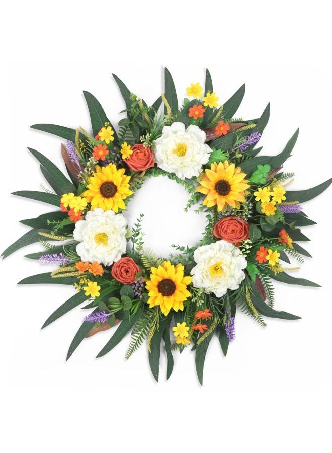LOKEISNA Spring Wreaths and Summer Wreath, 26'' Sunflower Wreath Peony Wreath Eucalyptus Wreaths for Front Door Porch Farmhouse Home Decor, Bright Handmade Door Wreath for Wreath Decoration Gift - Image 1