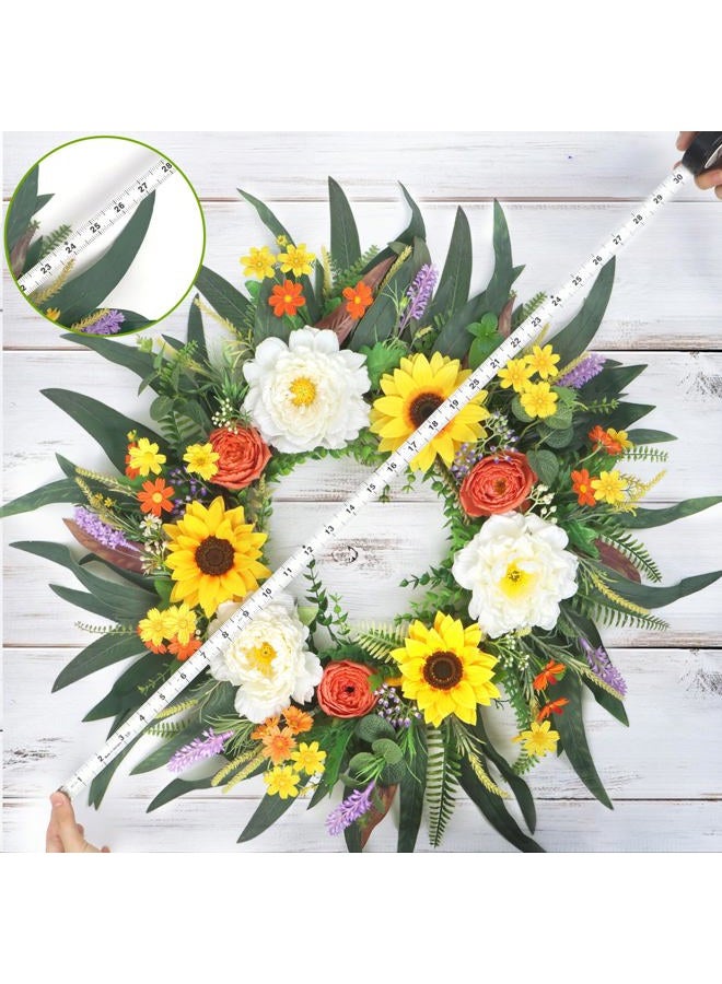 LOKEISNA Spring Wreaths and Summer Wreath, 26'' Sunflower Wreath Peony Wreath Eucalyptus Wreaths for Front Door Porch Farmhouse Home Decor, Bright Handmade Door Wreath for Wreath Decoration Gift - Image 2