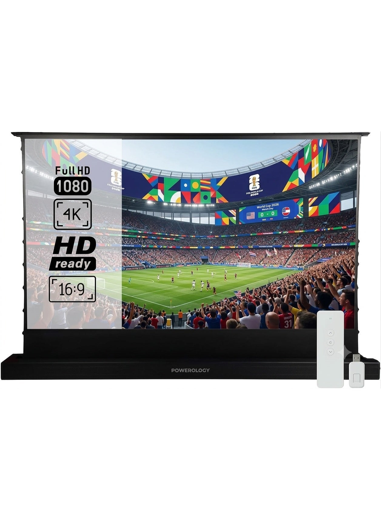 Powerology Motorized Projector Screen with 90" to 150" Diagonal Screen, Indoor & Outdoor Projections Screen 16:9, Easy Setup and Carrying, Height Adjustable, Easy Installation, Portable Screen Projector for Home, Theater, Office, Cinema, Camping