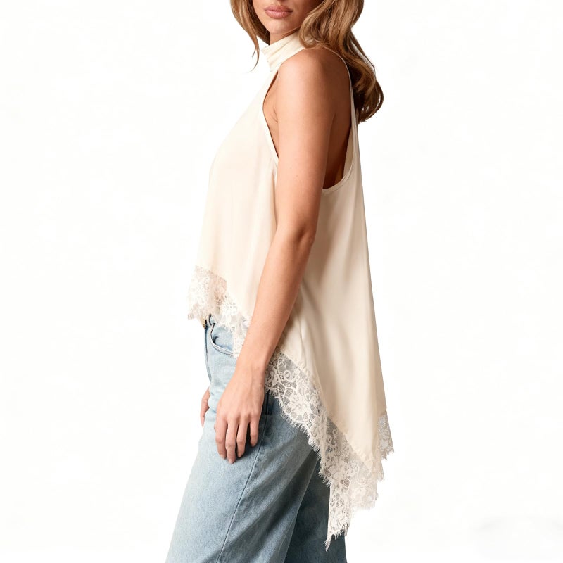 KMBANGI Women Satin Halter Top Y2K Mock Neck Lace Trim Asymmetrical Hem Tank Top Sleeveless Going Out Crop Tops B White - Image 3