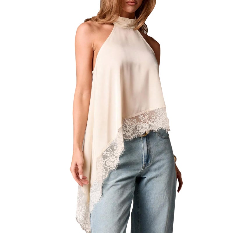 KMBANGI Women Satin Halter Top Y2K Mock Neck Lace Trim Asymmetrical Hem Tank Top Sleeveless Going Out Crop Tops B White - Image 1