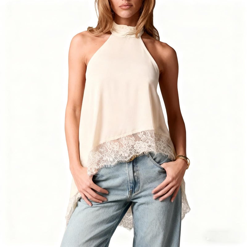 KMBANGI Women Satin Halter Top Y2K Mock Neck Lace Trim Asymmetrical Hem Tank Top Sleeveless Going Out Crop Tops B White - Image 2