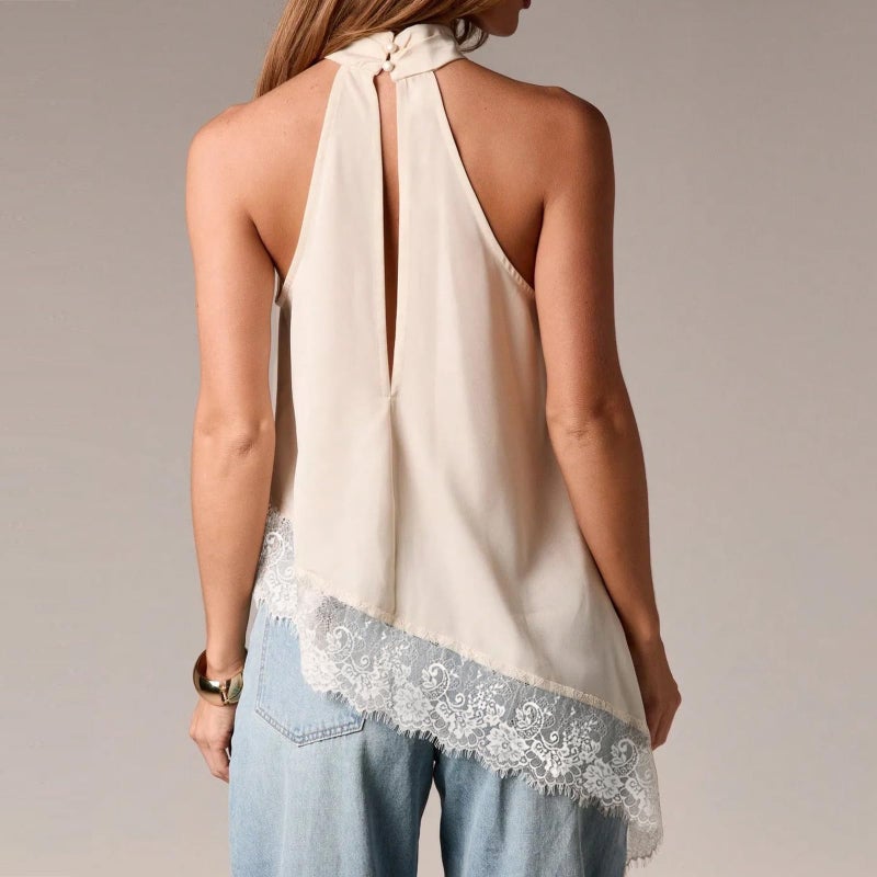 KMBANGI Women Satin Halter Top Y2K Mock Neck Lace Trim Asymmetrical Hem Tank Top Sleeveless Going Out Crop Tops B White - Image 4