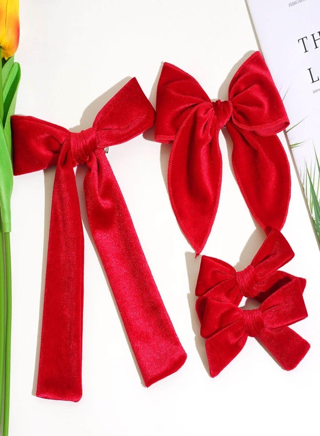 Jeffan 4 Pcs Velvet Hair Bows Set, Hand-made Velvet Bows Hair Clips for Little Teen Toddler Girls Kids (Red) - Image 3