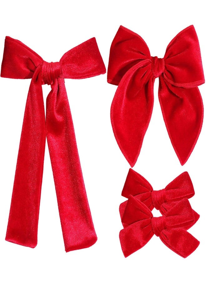 Jeffan 4 Pcs Velvet Hair Bows Set, Hand-made Velvet Bows Hair Clips for Little Teen Toddler Girls Kids (Red) - Image 1
