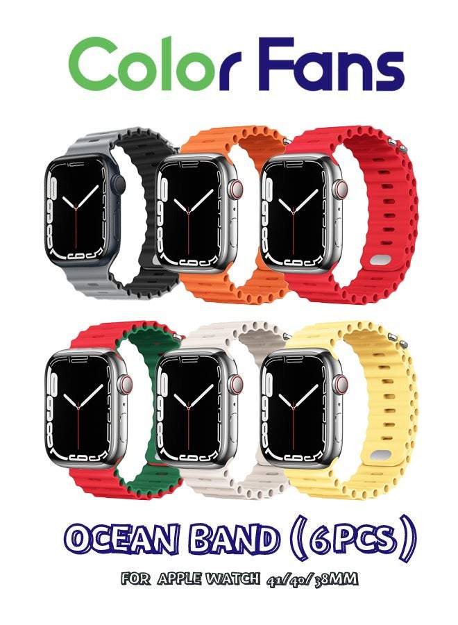 Color Fans Apple Watch Ultra/Series 8-1 Ocean Band 6-Pack: 38-41mm Silicone Straps in Orange/Red/Red-Emerald Green/Gray-Black/Starlight/Sunglow for Men and Women