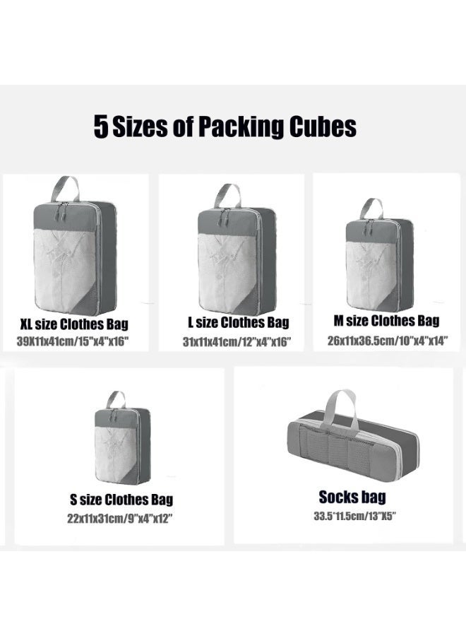 5 Pcs Compression Packing Cubes for Suitcase Travel Organizer Luggage Organizer Packing Cubes Expandable Lightweight Travel Essentials for Women/Men(5pcs,Grey) - Image 2