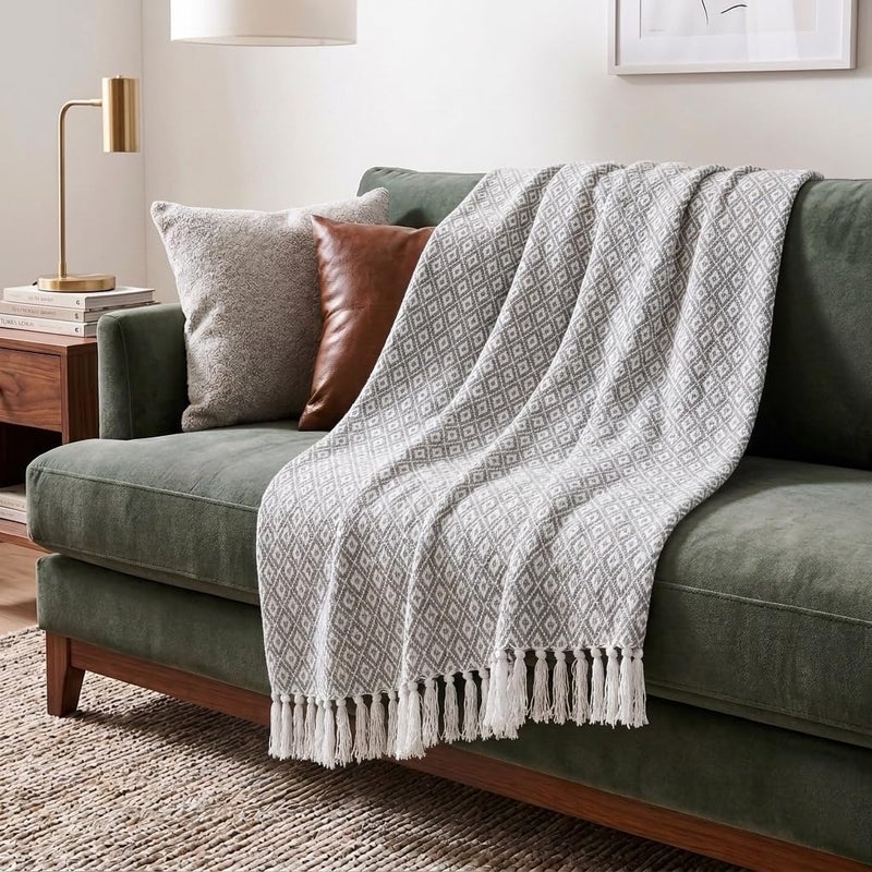 Americanflat 50x60 Throw Blanket - Soft and Breathable Cotton Throw Blanket for Couch, Bed, Chair - Decorative Blanket Perfect for Home, Office, or Outdoor Use - Cloud Grey and White Mini Diamond - Image 1