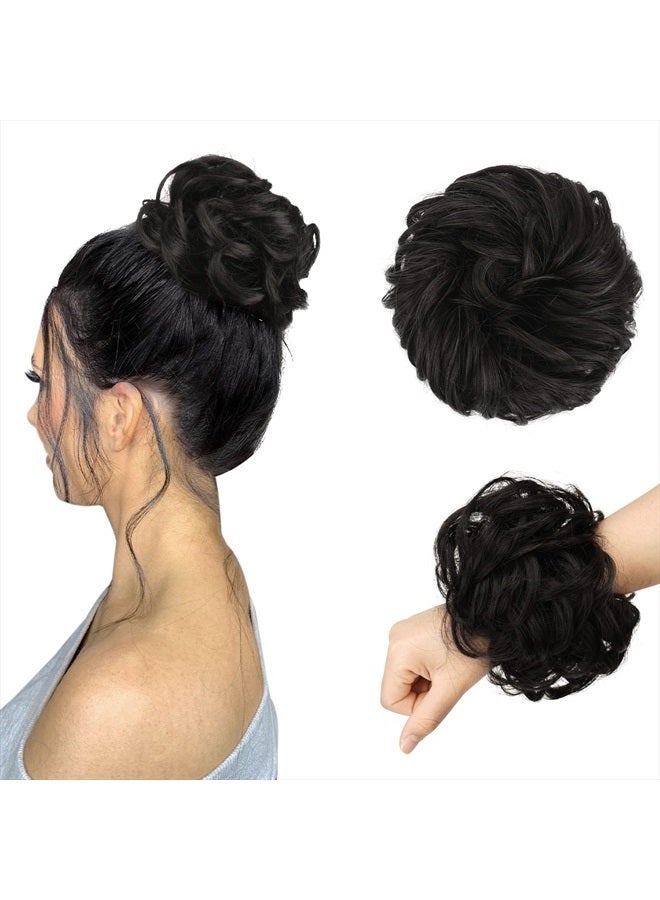 FESHFEN Messy Bun Hair Piece Darkest Brown Wavy Curly Large Hair Bun Scrunchies Extensions Synthetic Tousled Updo Hairpieces for Women Girls - Image 1