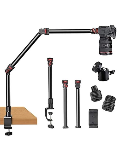Overhead Camera Mount Desk Stand with Flexible 3-Section Articulating Arm, C-Clamp Tabletop Mount for DSLR Camera, Webcam, Microphone, Lights - 360° Ball Head & Detachable Screws for 1/4, 3/8, 5/8