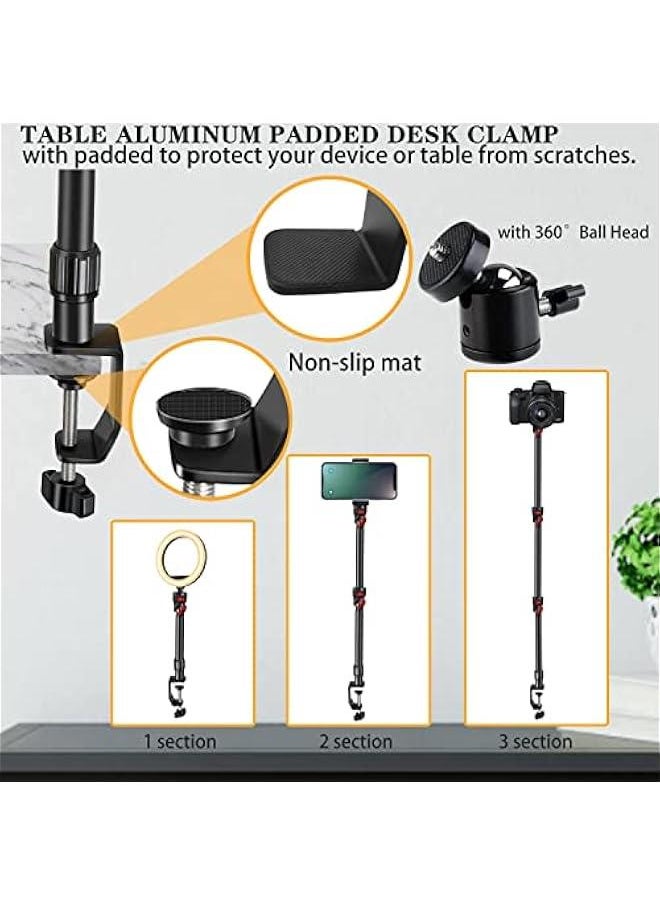 Overhead Camera Mount Desk Stand with Flexible 3-Section Articulating Arm, C-Clamp Tabletop Mount for DSLR Camera, Webcam, Microphone, Lights - 360° Ball Head & Detachable Screws for 1/4, 3/8, 5/8