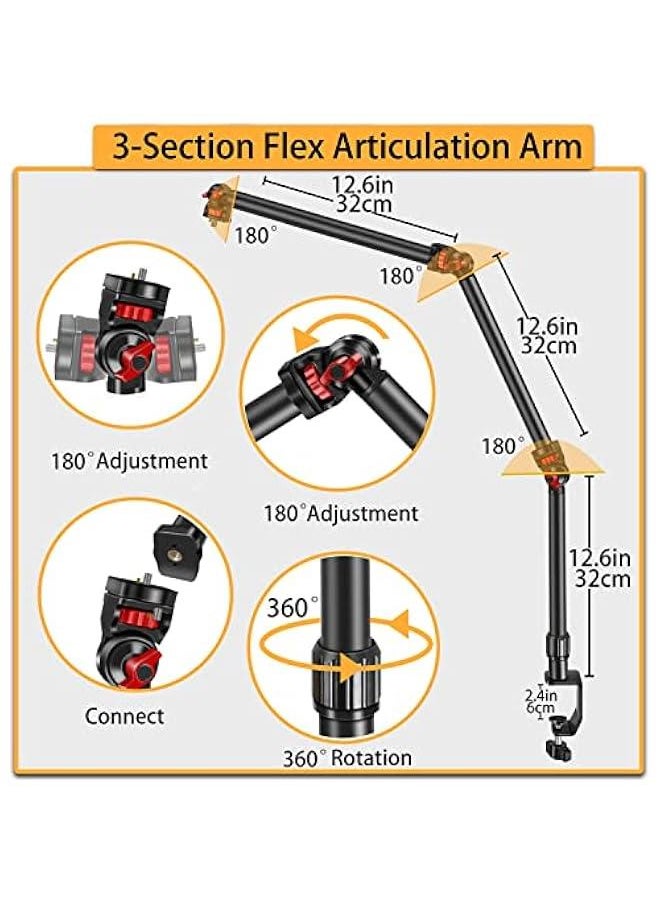 Overhead Camera Mount Desk Stand with Flexible 3-Section Articulating Arm, C-Clamp Tabletop Mount for DSLR Camera, Webcam, Microphone, Lights - 360° Ball Head & Detachable Screws for 1/4, 3/8, 5/8
