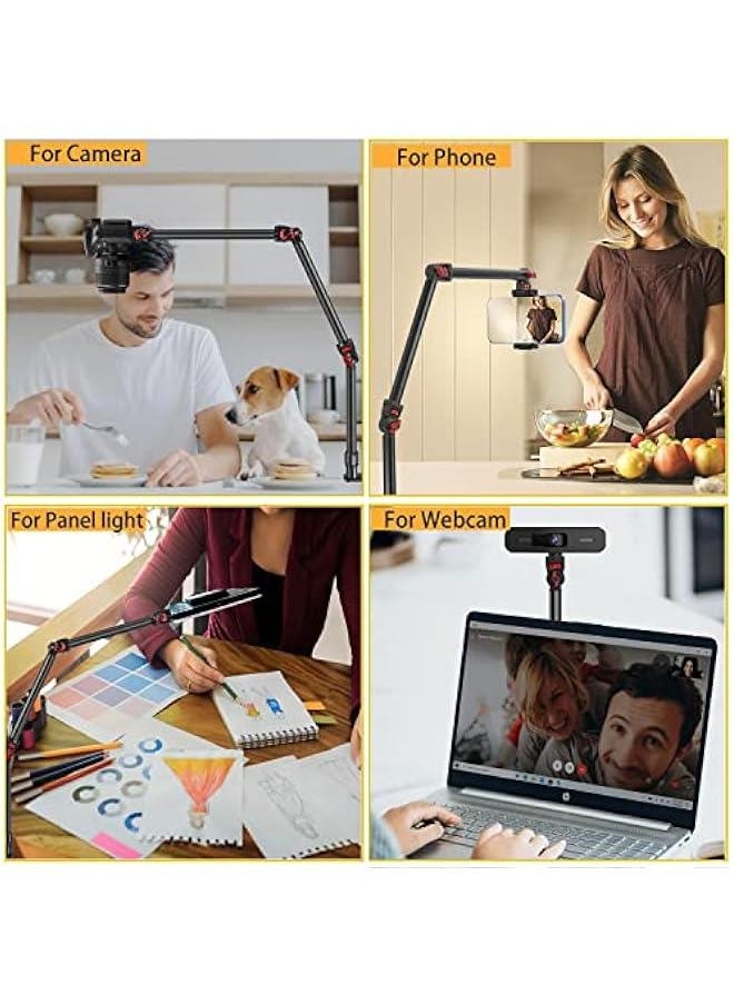 Overhead Camera Mount Desk Stand with Flexible 3-Section Articulating Arm, C-Clamp Tabletop Mount for DSLR Camera, Webcam, Microphone, Lights - 360° Ball Head & Detachable Screws for 1/4, 3/8, 5/8