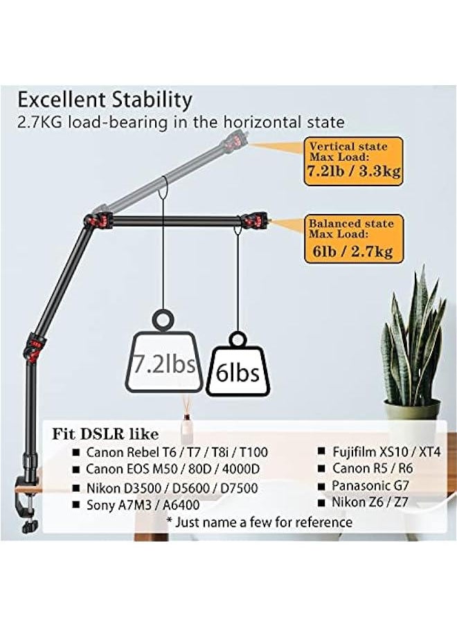 Overhead Camera Mount Desk Stand with Flexible 3-Section Articulating Arm, C-Clamp Tabletop Mount for DSLR Camera, Webcam, Microphone, Lights - 360° Ball Head & Detachable Screws for 1/4, 3/8, 5/8