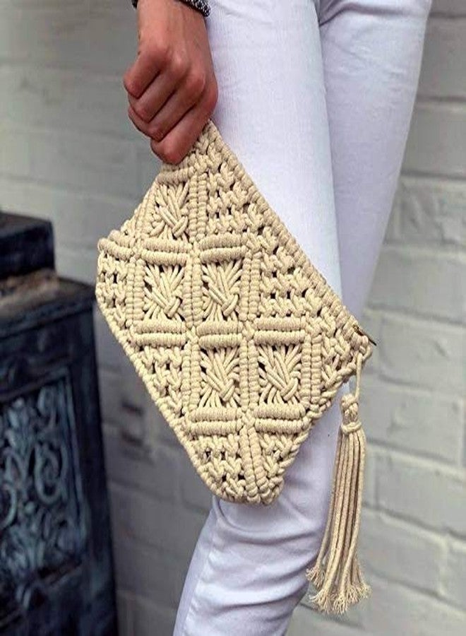 COTTONCUBE HOMELYVIBES Macrame handmade Product Cream-Coloured textured clutch 1 main compartment with zip closure small size - Image 2