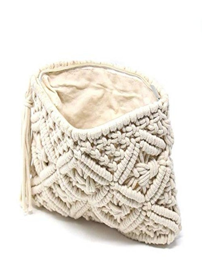 COTTONCUBE HOMELYVIBES Macrame handmade Product Cream-Coloured textured clutch 1 main compartment with zip closure small size - Image 4