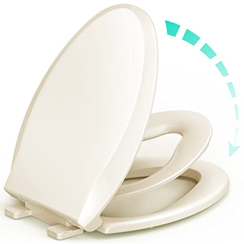 Uming Elongated Toilet Seat with Builtin Potty Training Seat for Toddlers Adults Slow Close Never Loosen Heavy Duty Ergonomic Space Saving Toddler Toilet Seat Elongated 185 Oval BoneAlmond - Image 1