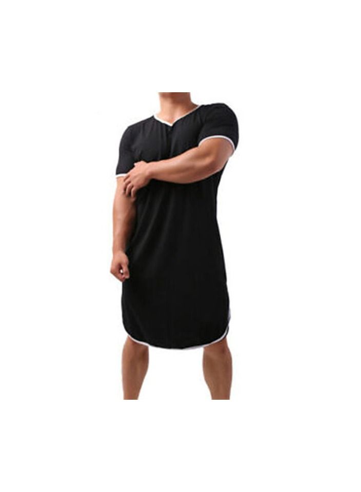 1-Piece V-neck Short Sleeve Comfy Gown Pajamas Home Clothes Robe Men Sleep Night Wear Long Color Black Size L - Image 2