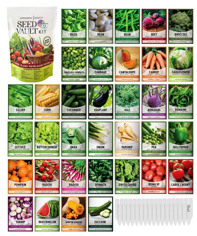 Gardeners Basics مجموعة بذور الخضروات الأساسية للبستانيين للبقاء على قيد الحياة - أكثر من 16,000 بذور غير معدلة وراثيًا ووراثية، رائعة لمعدات البقاء في حالات الطوارئ - 35 نوعًا من البذور لزراعة الخضروات - 35 علامة نبات مجانية - Image 1