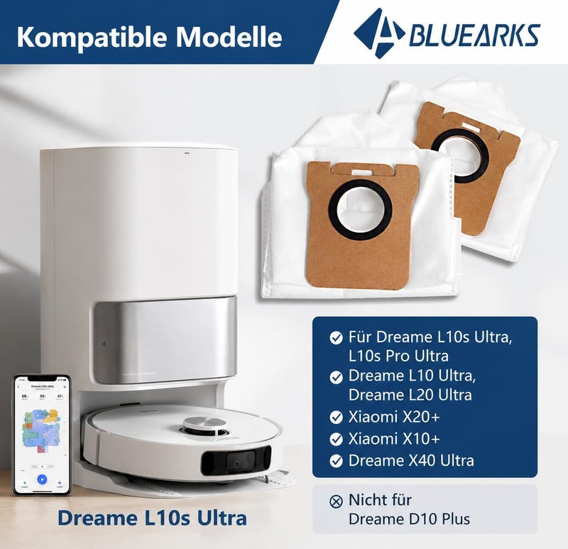 Bluearks علبة من 10 أكياس مكنسة كهربائية لشاومي X20+ / شاومي X10+، دريم L10s Ultra، دريم L10 Ultra، L20 Ultra، X40 Ultra مكنسة روبوتية، مجموعة ملحقات كيس غبار بديل، سعة 2.5 لتر كبيرة - Image 2