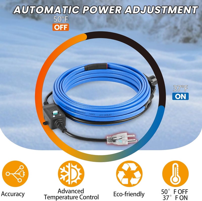 PROEZE 30FT Pipe Heat Cable with Thermostat, Self-Regulating Heating Cable 120V 5W/FT, Freeze Protection for Water Pipes, Roof, Garden, and Outdoor Use, Works Down to -40°F - Image 4