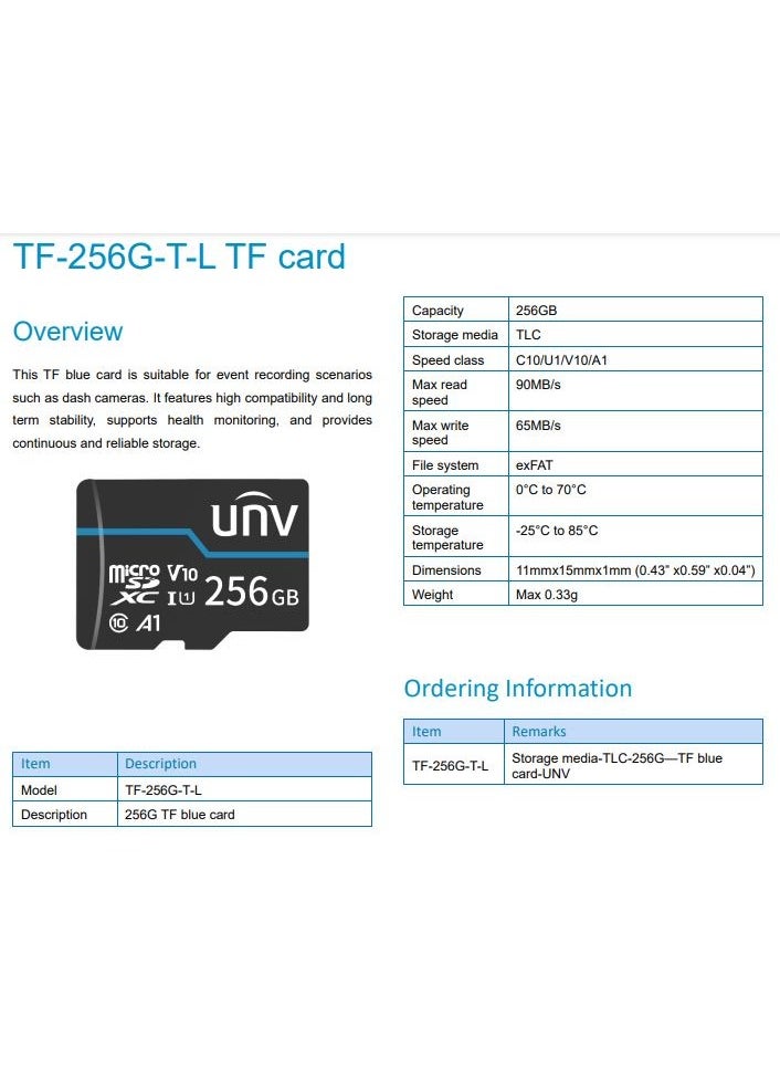 يونيفيو - بطاقة ذاكرة Micro SDXC من Uniview UNV بسعة 265 جيجابايت TF-265G-T-L - Image 1