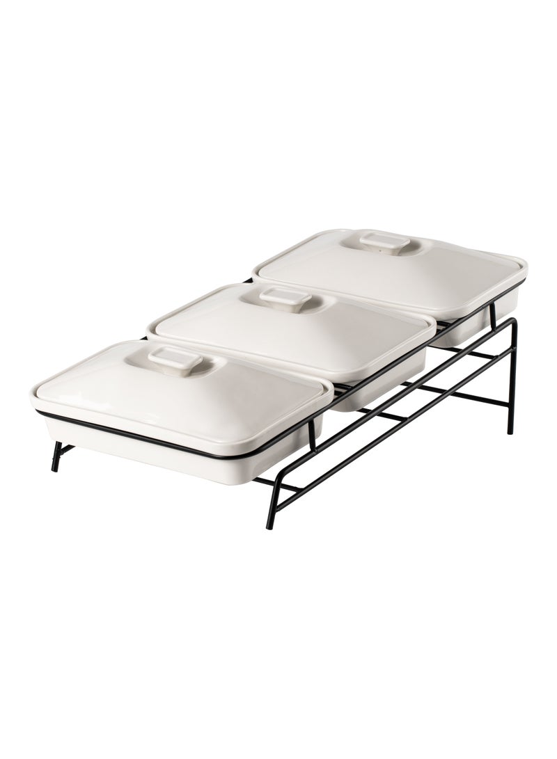 Shallow Porcelain 3-Tier Casserole Set with Black Stand Rack - 30cm x 3 - Image 1