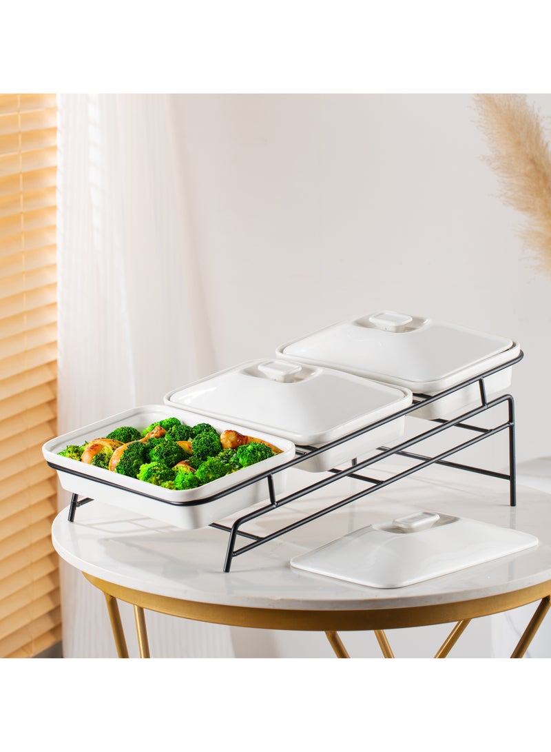 Shallow Porcelain 3-Tier Casserole Set with Black Stand Rack - 30cm x 3 - Image 2