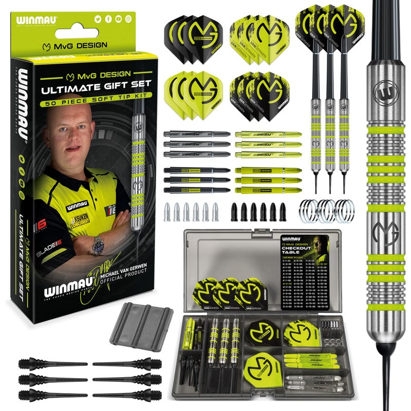 WINMAU Michael Van Gerwen MvG 50Piece Darts Gift Set Professional Soft Tip Darts Set 18g MatchWeighed Darts Flights Shafts Accessories GiftReady Kit - Image 2