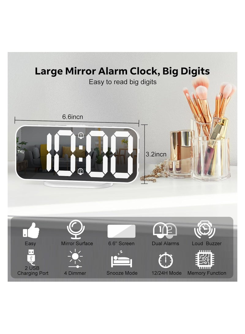 SYOSI Digital Alarm Clock, Slim LED Mirror Desk Clocks, Dual USB Ports 3 Level Brightness, Auto Dimming, Night Mode, Easy Snooze, Bedroom Decor Aesthetic, for Home, Office  12/24 Hour Display (White) - Image 5