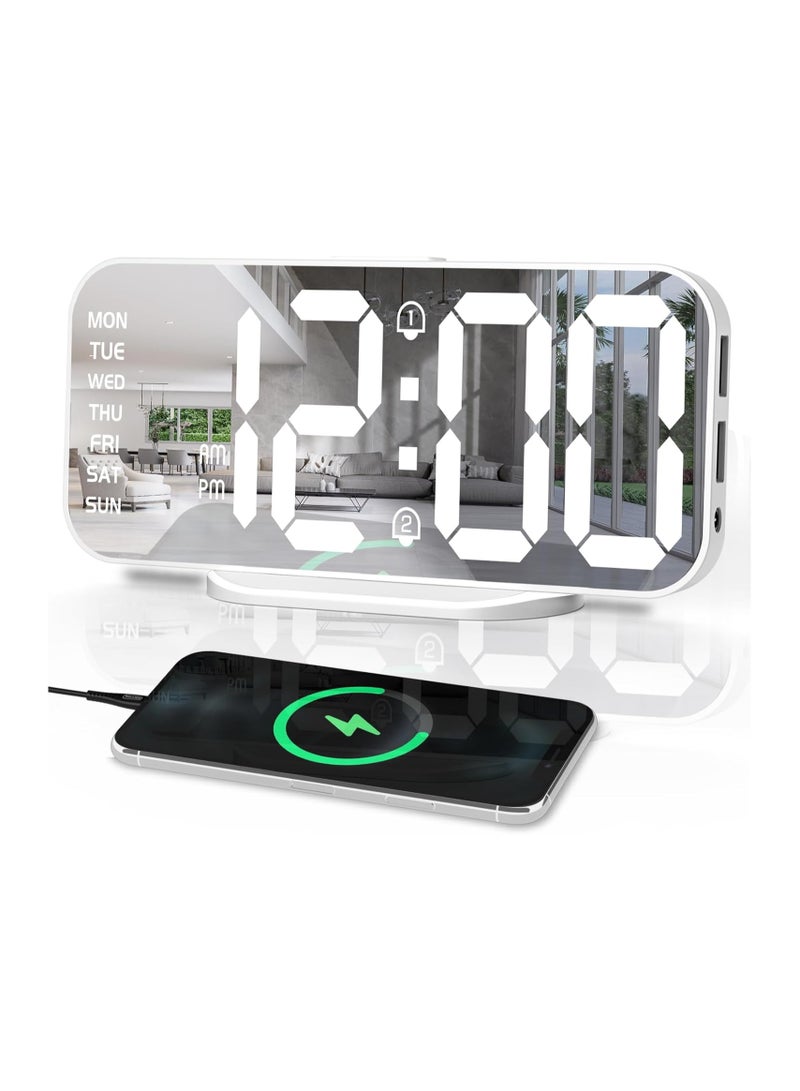 SYOSI Digital Alarm Clock, Slim LED Mirror Desk Clocks, Dual USB Ports 3 Level Brightness, Auto Dimming, Night Mode, Easy Snooze, Bedroom Decor Aesthetic, for Home, Office  12/24 Hour Display (White) - Image 1