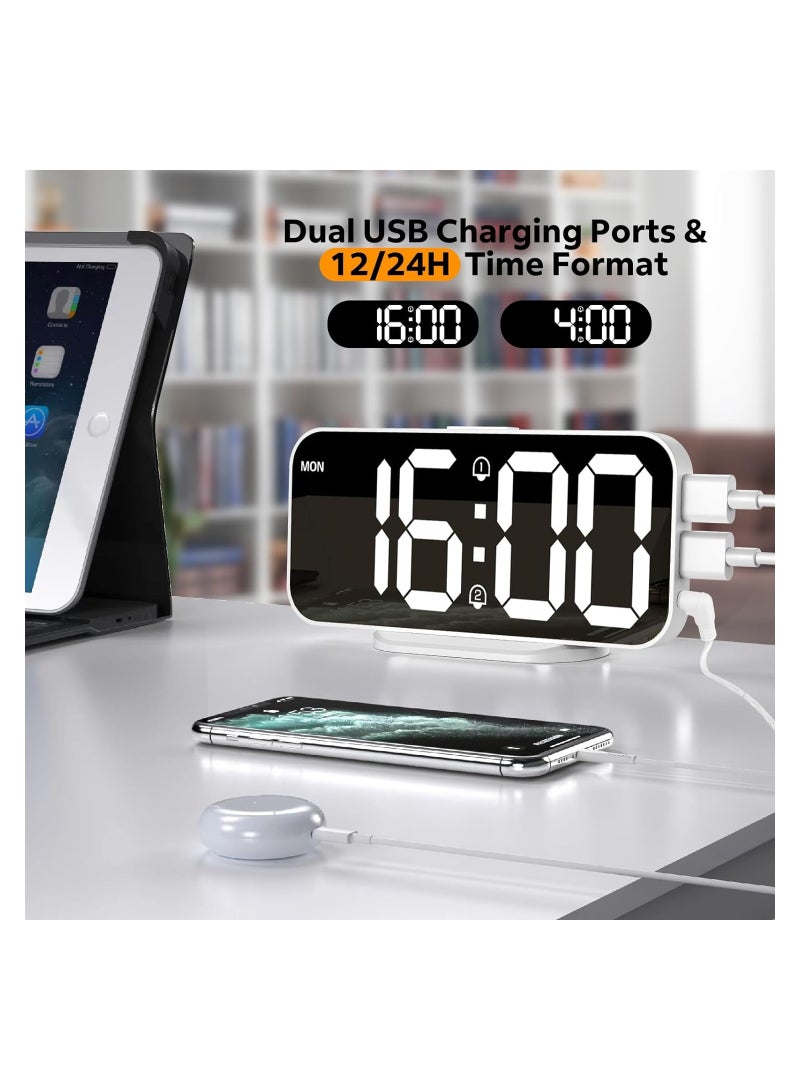 SYOSI Digital Alarm Clock, Slim LED Mirror Desk Clocks, Dual USB Ports 3 Level Brightness, Auto Dimming, Night Mode, Easy Snooze, Bedroom Decor Aesthetic, for Home, Office  12/24 Hour Display (White) - Image 4